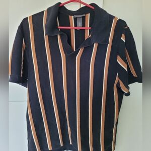 H&M Men's Polo Shirt - Black and Brown Stripes